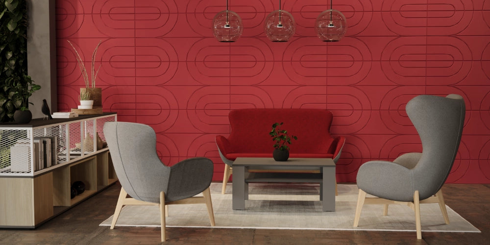 Acoustic Wall Panel in Red with Matching Sofa and Grey Armchairs