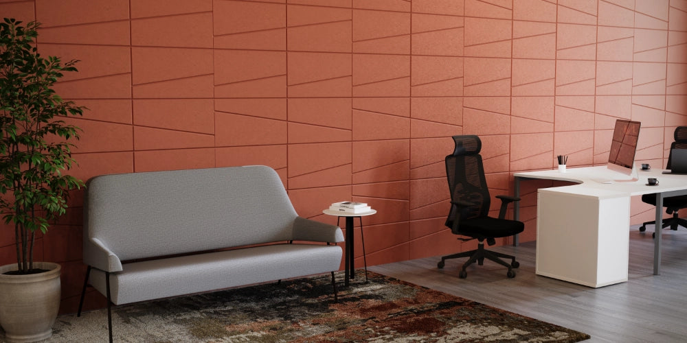Acoustic Wall Panel in Terracotta with Grey Sofa and White Desk