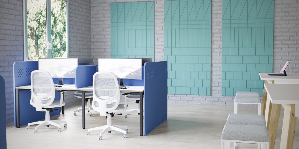 Acoustic Wall Panel in Turquoise with Blue Standing Screens win White Desk