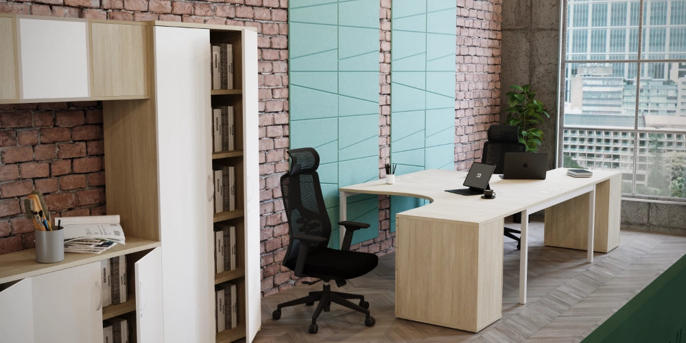 Acoustic Wall Panel in Turquoise with Radial Desk and Mesh Chairs