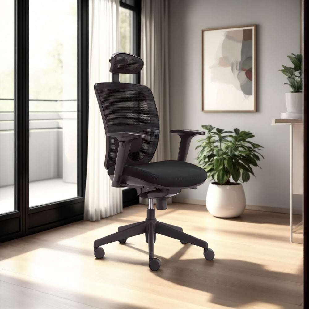 Action Ergonomic Task Chair with Hightop Table and Indoor Plant in Modern Office Setting