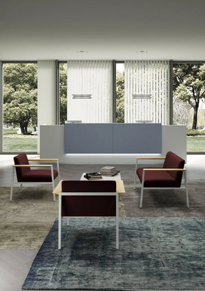 Ado Chair With Wooden Armrests In Burgundy With White Low Coffee Table In Reception Area