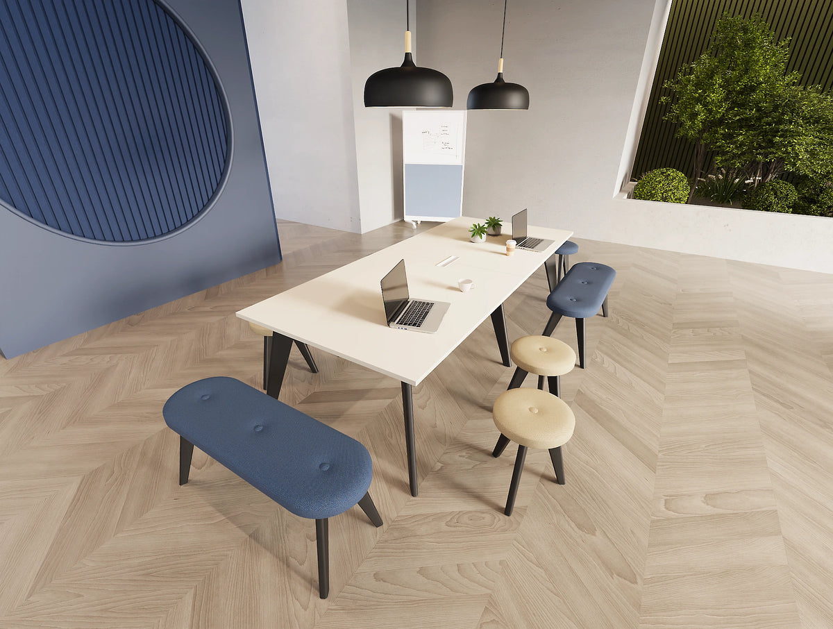 Alega Meeting Room Table with Alega Benches and Stools with Spry Mobile Wall with Whiteboard and Fabric Panel in Modern Office Setting