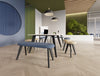 Alega Meeting Table in Black Oak Legs with Alega Benches and Stools and Spry Mobile Wall in Modern Office Setting