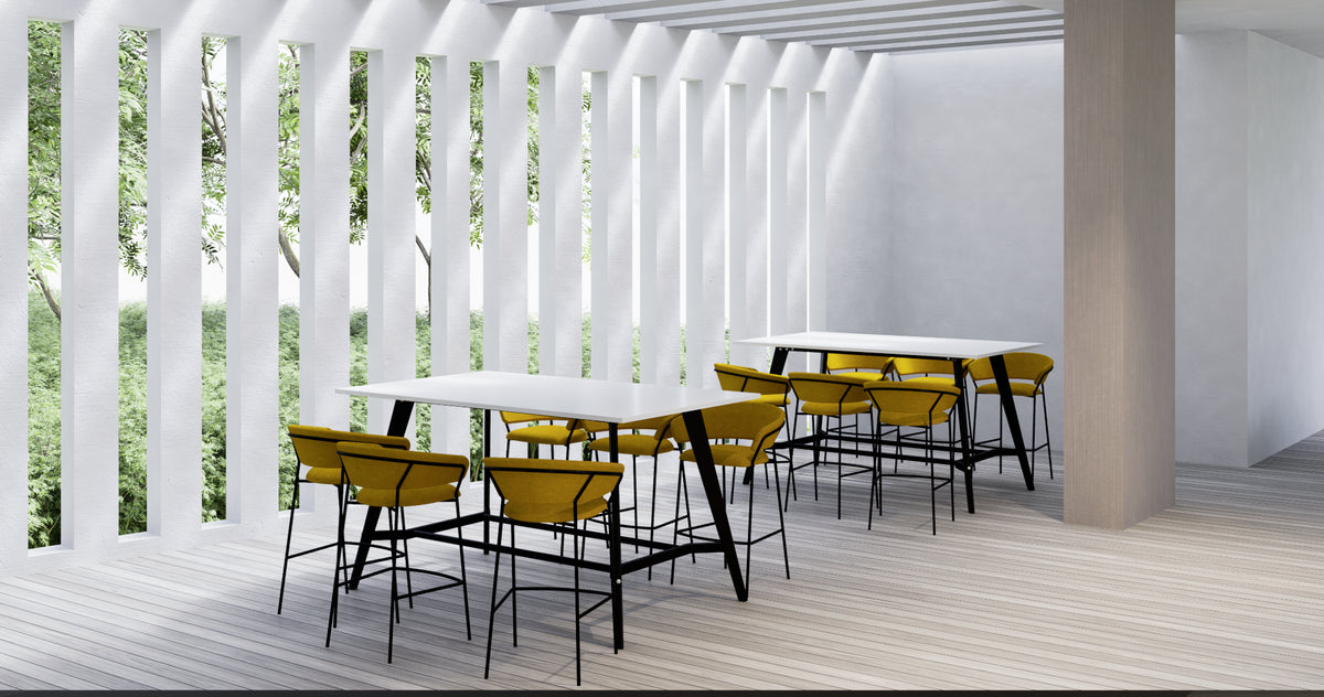 Alega Rectangular White Top Finish High Table with Yellow Barstool in Breakout Setting