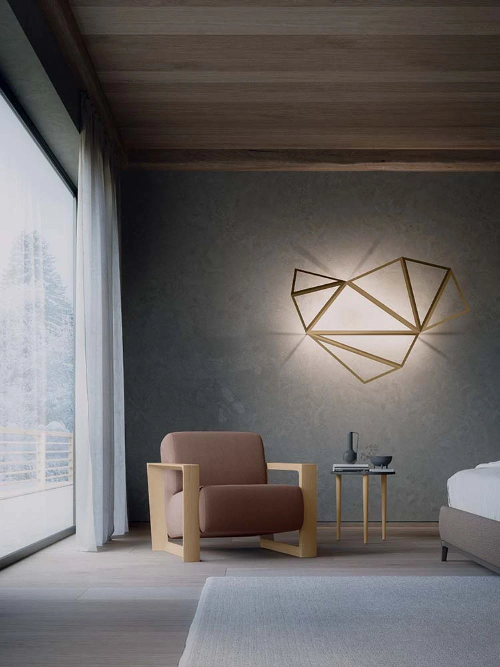 Arco Upholstered Armchair In Light Pink With Small Side Table In Bedroom Area
