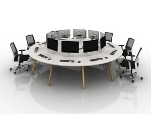 Arthur 10 Person Round Desking System With Computers And Wooden Legs