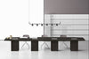 Barrel Shaped Meeting Room Table with Cube Legs in Dark Oak Finish with Swivel Base Chair in Meeting Room Setting