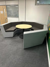 Ben 6 Person Low Back Open Collaboration Pod in Light Grey Outer Finish and Dark Grey Seat Finish with Round Top Cylinder Based Table