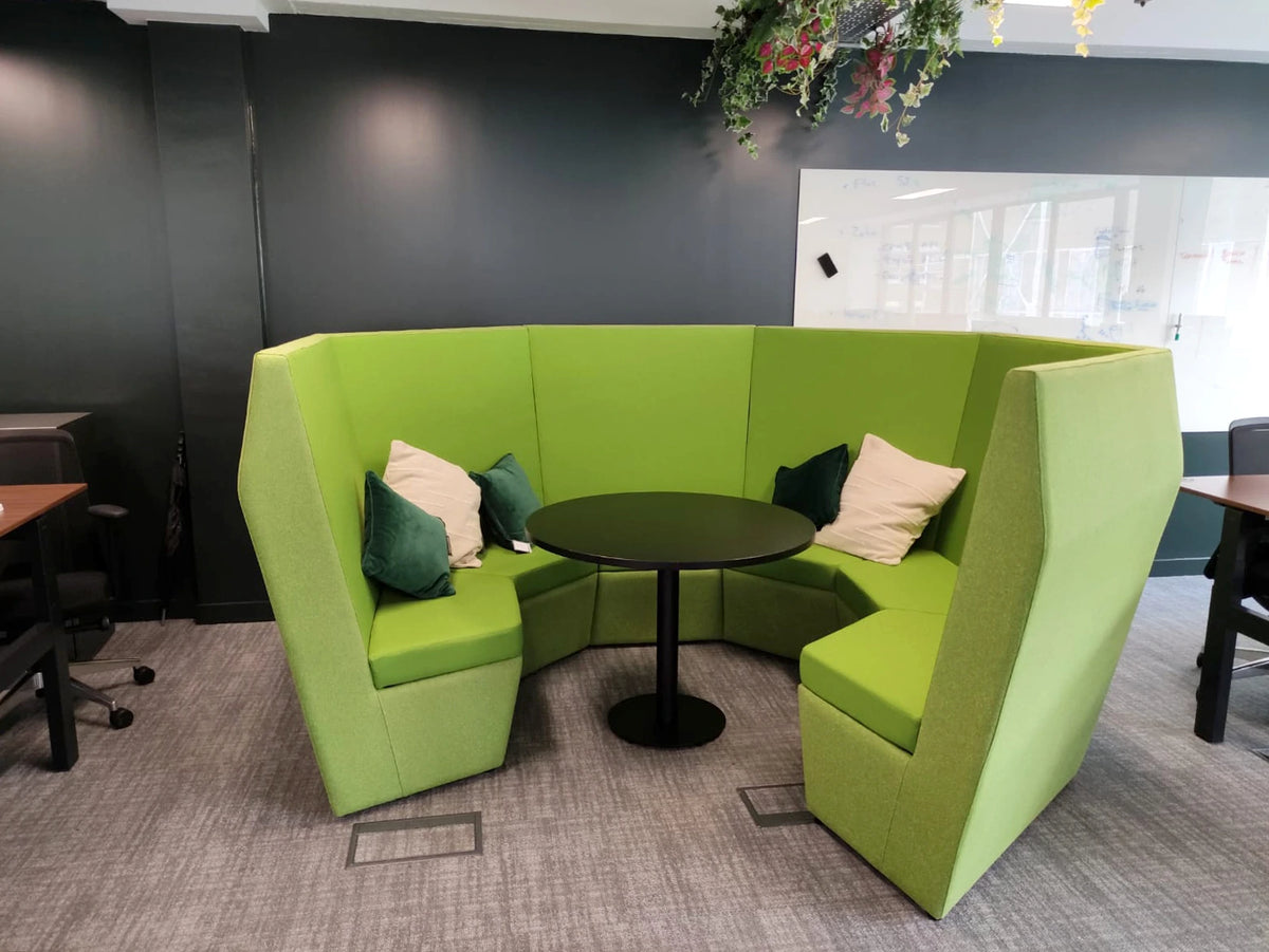 Ben 6 Person Mid Back Open Collaboration Pod with Round Top Cylinder Based Table and Cushions