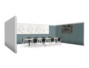 Boardroom Layout with Acoustic Panels and Glassboard Walls with Harmon Table and Gravity Meeting Room Chair