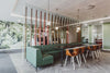 Bruce Modular Seating with Black Top Rectangular Tableand Armchair