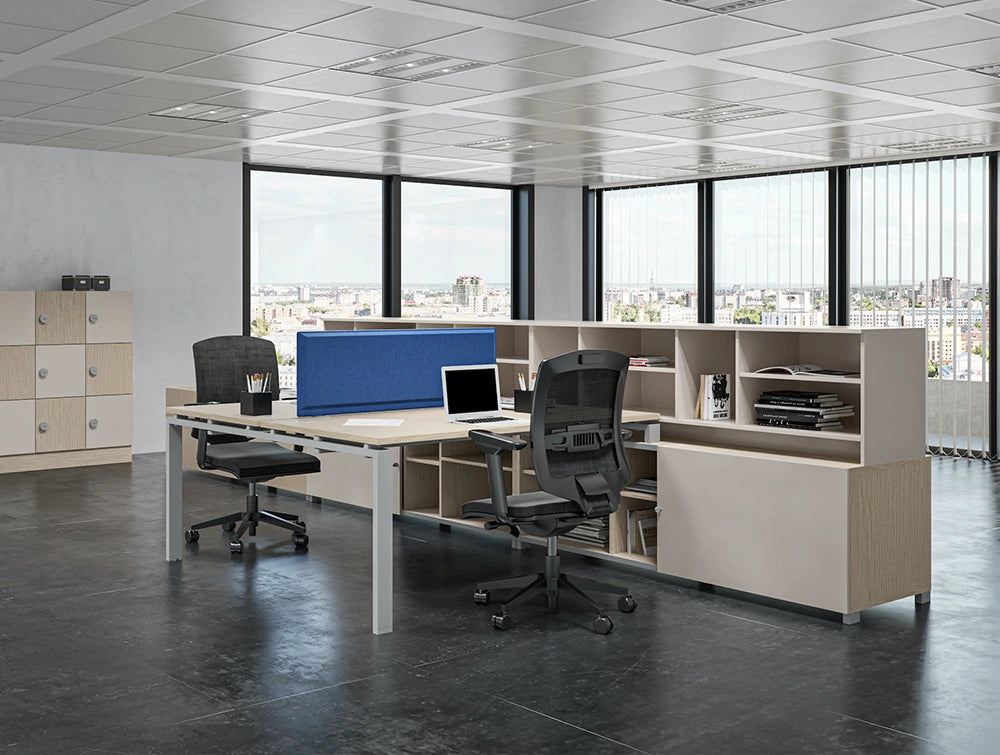 Buronomic Astro Desk for Open Space 5 with blue table division on tabletop and black chair in office
