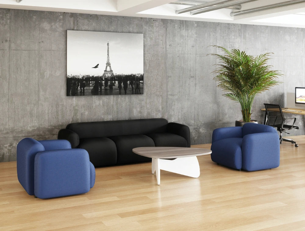 Buronomic Pebble Design Coffee Table 3 With White Leg And Cedar Top With Blue Sofa In Lounge Area