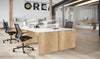 Buronomic Retro Sober And Rugged Desk In Oak Leg Finish With Black Armchair And Transparent Desk Divider