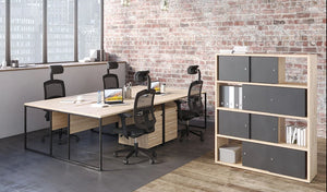 Buronomic Stricto Desk Of Character Black Leg Finish With Black Armchair And Two Tone Bookcase In Meeting Room