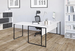 Buronomic Stricto Desk Of Character In White Top Finish With Black Armchair And White Bookcase In Ofiice Area