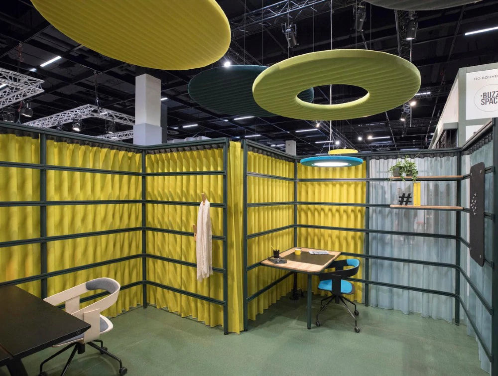 Buzzidonut Acoustic Panel 7 In Different Colors With Desks In Working Area