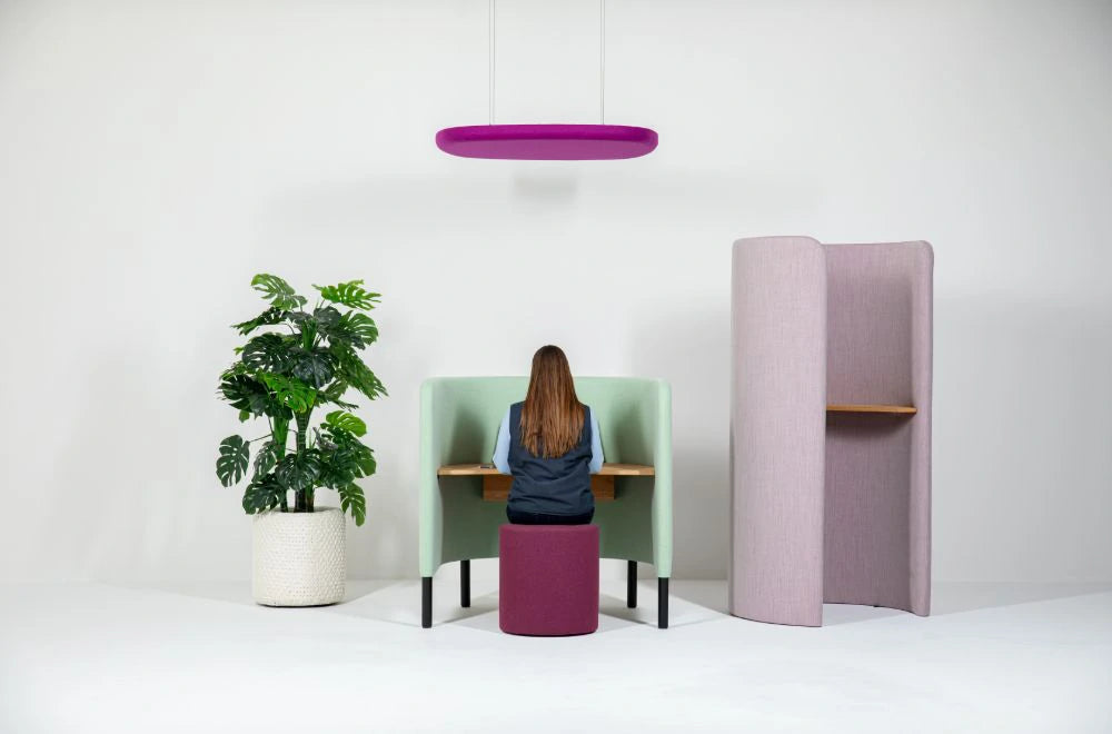 BuzziKnit Office Planter in White Finish with Green and Pink Privacy Desk with Maroon Pouffe 2