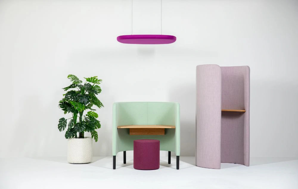 BuzziKnit Office Planter in White Finish with Green and Pink Privacy Desk with Maroon Pouffe