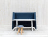 Buzziwrap Front Desk Full Acoustic Screen Blue With Distance Divider On White Table And Stool