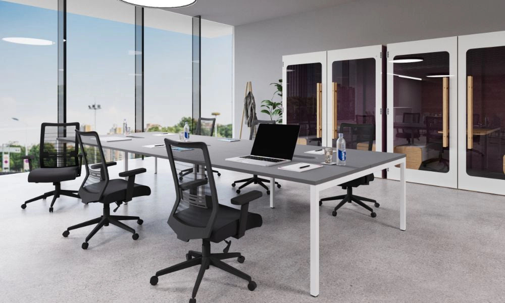 C-Sense Bench Desk with Grey Top and White Legs with Dark Grey Mesh Back Chair 2