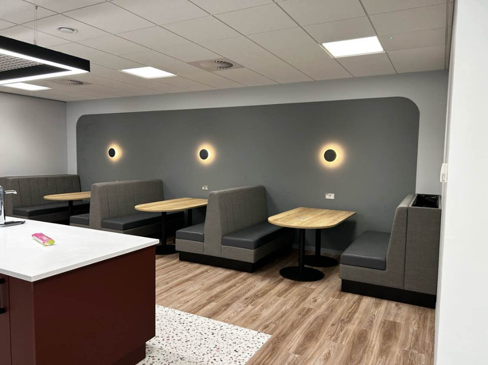 Casper Soft Seating Banquet Dining Booth with Wooden Top Tables