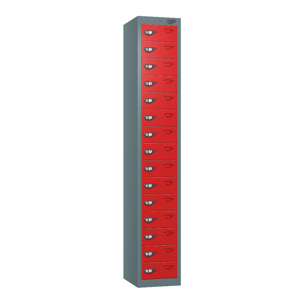 Compact 15-Door Steel Locker Slate Grey Flame Red