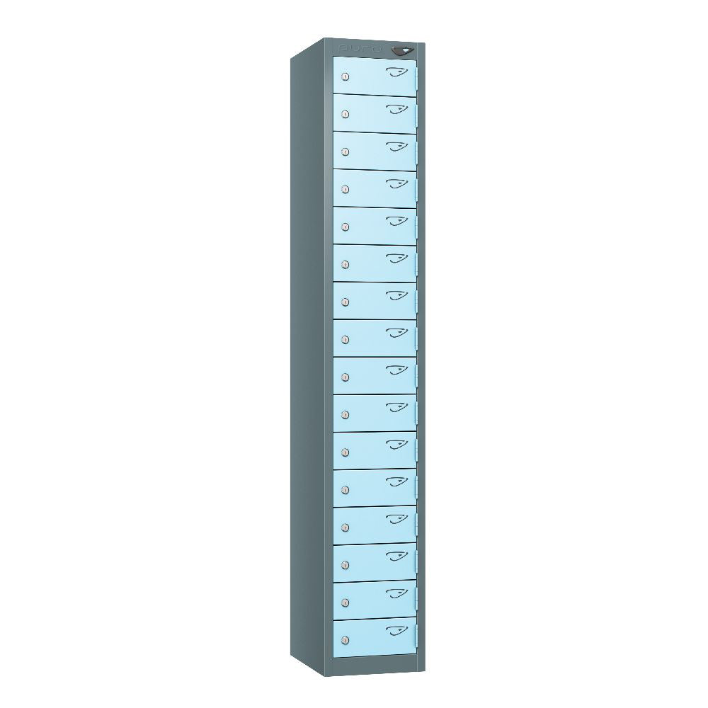 Compact 16-Door Steel Locker Slate Grey Ribbon Blue