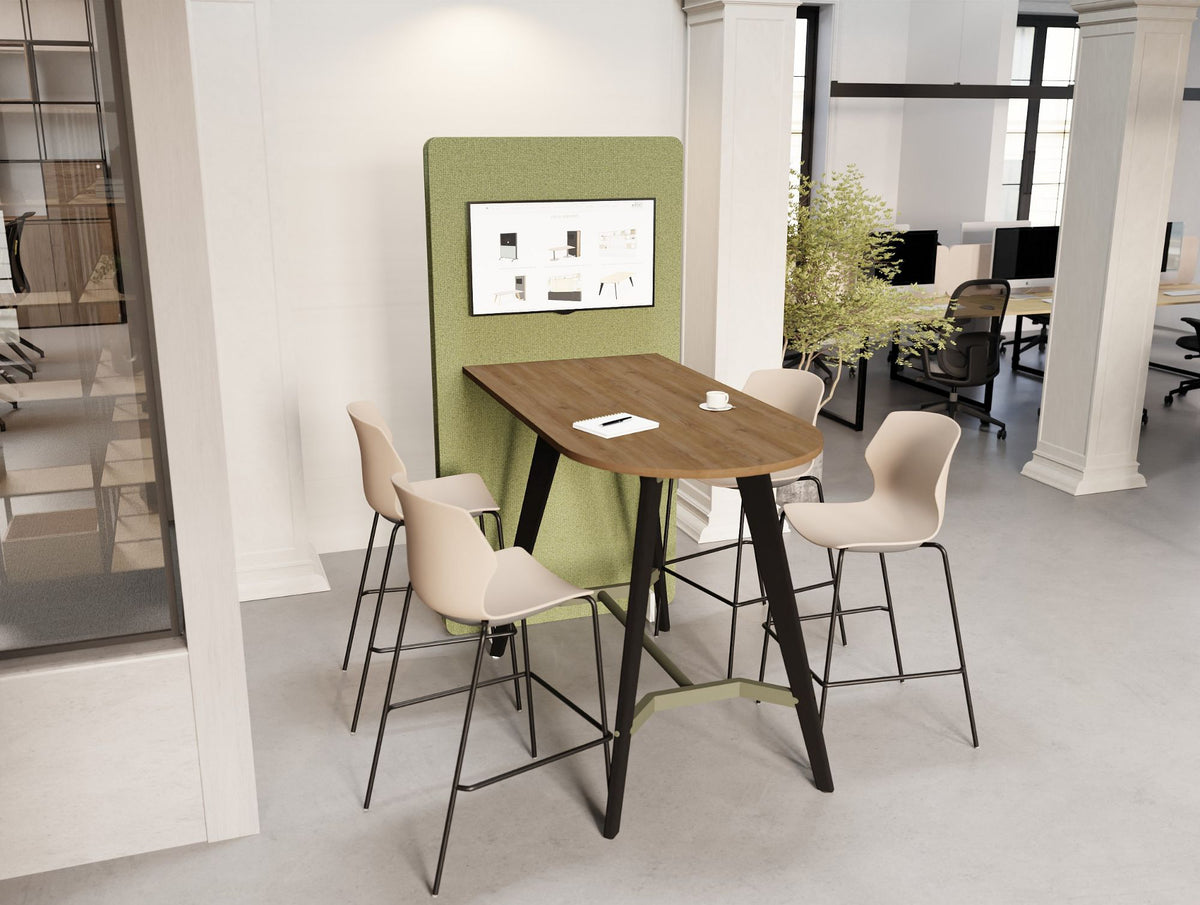 Confer Media Wall with Alega High Media Table in Oak Finish with Stark High Stool and Contour Ergonomic Chair and Key Bench Desk and Light Desk Screen in Modern Office Setting