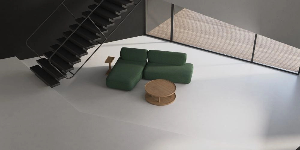 Daaz Modular Seating in Different Configurations in Dark Green Finish with Round Coffee Table and Mini Side Table