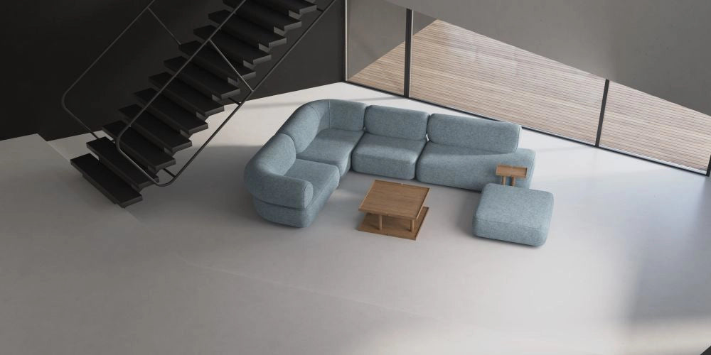 Daaz Modular Seating in Different Configurations in Light Blue Finish with Sqaure Low Coffee Table and Mini Side Table