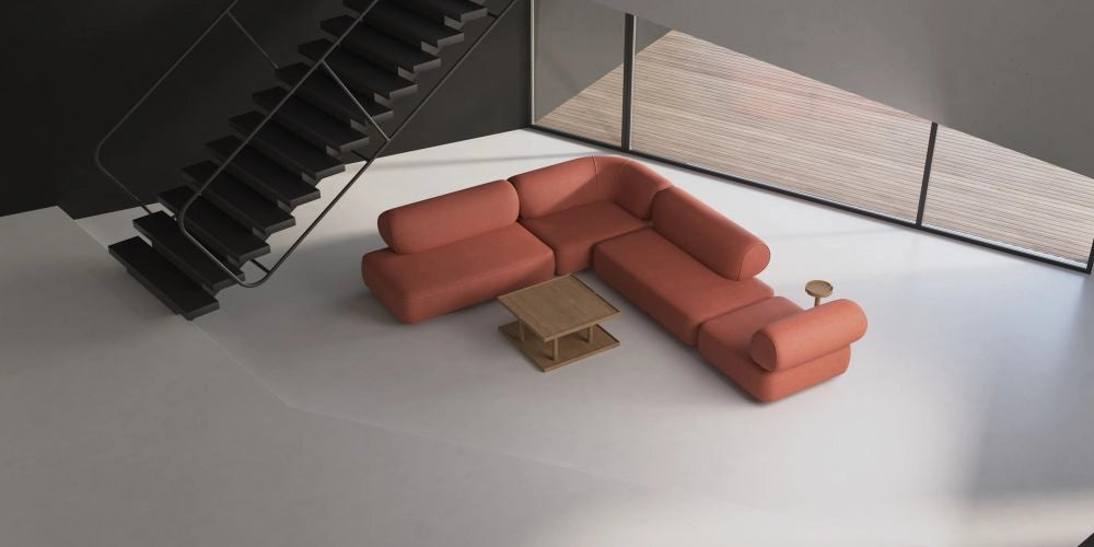 Daaz Modular Seating in Different Configurations in Terracotta Finish with Square Low Coffee Table and Round Mini Side Table