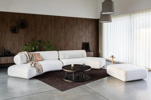 Daaz Modular Seating in Different Configurations in White with Black Round Coffee Table and Wooden Mini Side Table