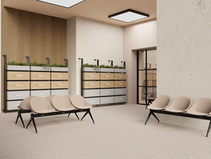 Decora Against the Wall Lockers with Planters in Black Frame Finish with Malin 3 Seater Beam Setting in Beige Finish in Breakout Setting