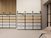 Decora Against the Wall Lockers with Planters in Black Frame Finish with Malin Beam Setting in Beige Finish in Breakout Setting