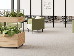 Decora Modular White Finish Glassboard with Oasis 2 Level Mobile Planter and Snug Low Back Armchair in Reception Setting