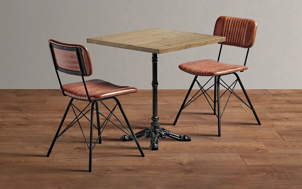 Duke Side Chair In Bruciato Leather With Wooden Top Table