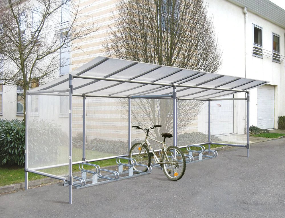 Economy Bicycle Shelter with Back and Side Cladding with Bicycle in Outdoor Setting