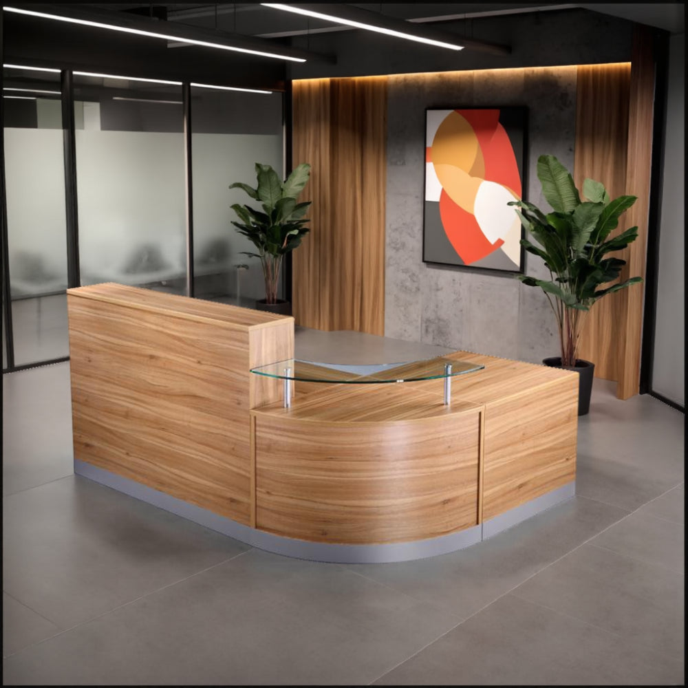 Elite Curved Corner Reception Desk with Indoor Plant in Reception Setting
