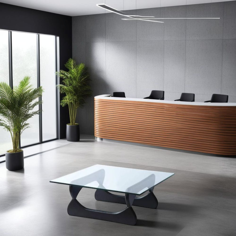 Elite Rectangular Glass Coffee Table with Black Base with Wooden Finish Reception Desk in Modern Office Lounge Setting