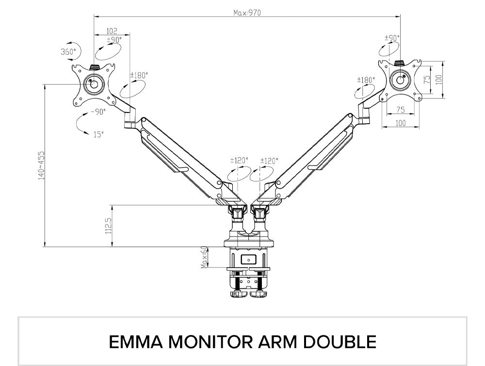 Emma Gas Spring Dual Monitor Arms Dimensions