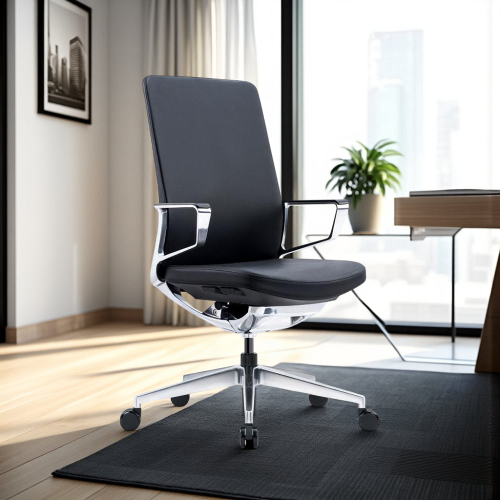 Executive Conference Chair with Polished Aluminium Frame in Modern Office Setting