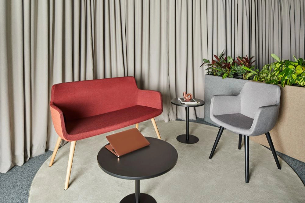 Floris Upholstered Pot in 2 Different Finishes with Red and Grey Upholstered Armchair and 2 Seater with Black Coffee Table