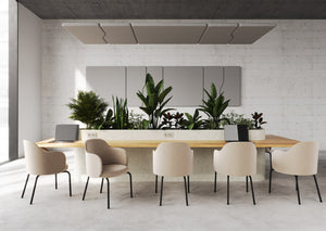 Flos Upholstered Large Acoustic Ceiling Panel with Chairs and Indoor Plant in Reception Setting