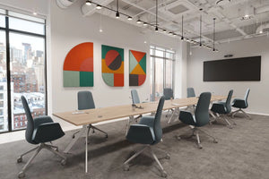 Fluffo Art Fan Acoustic Wall Panel in Different Art Style with Oak Top Meeting Table and Grey Office Chair in Meeting Room Setting