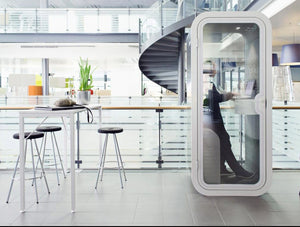 Framery Smart Office Phone Booth With White Finish Laptop Table And Grey Bench