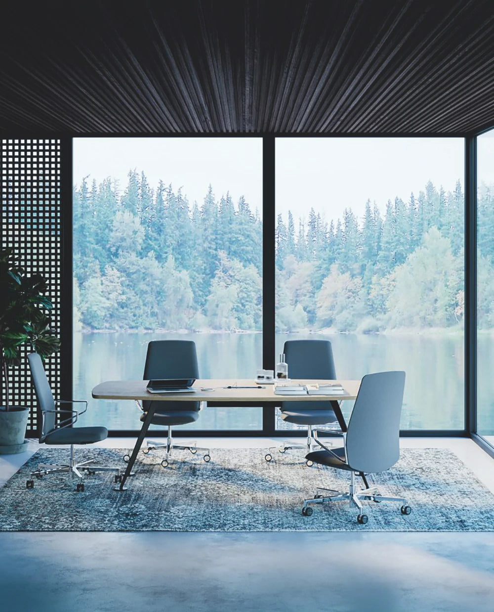 Frezza Spike Meeting Table In Light Oak Finish With Grey Swivel Armchair In Office Setting