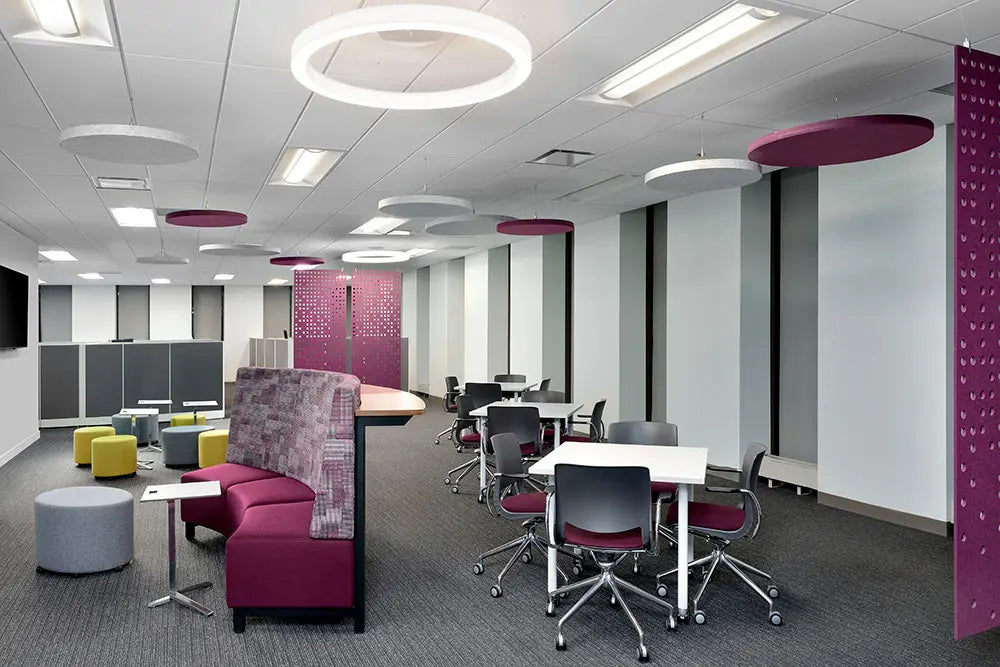 Ezoboard Geo Cloud Ceiling Hanging Panel In Green Finish With Wooden Top Rectangular Table And White Chair In Dining Setting