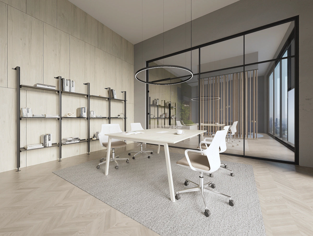 Gesture Meeting Room Chair in 5 Star Base on Castors with Iris Modular Shelving Unit and Key Meeting Room Table in Modern Office Setting